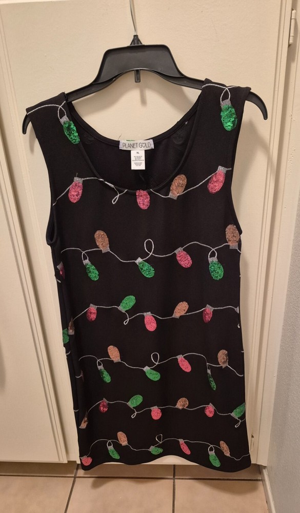 Planet Gold Christmas dress, black with glitter ornaments, Size XL