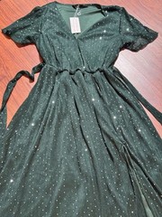 NWT SIMPLEE Green & Silver Shiny Pleated Faux Wrap Side Slit Maxi Dress Size S