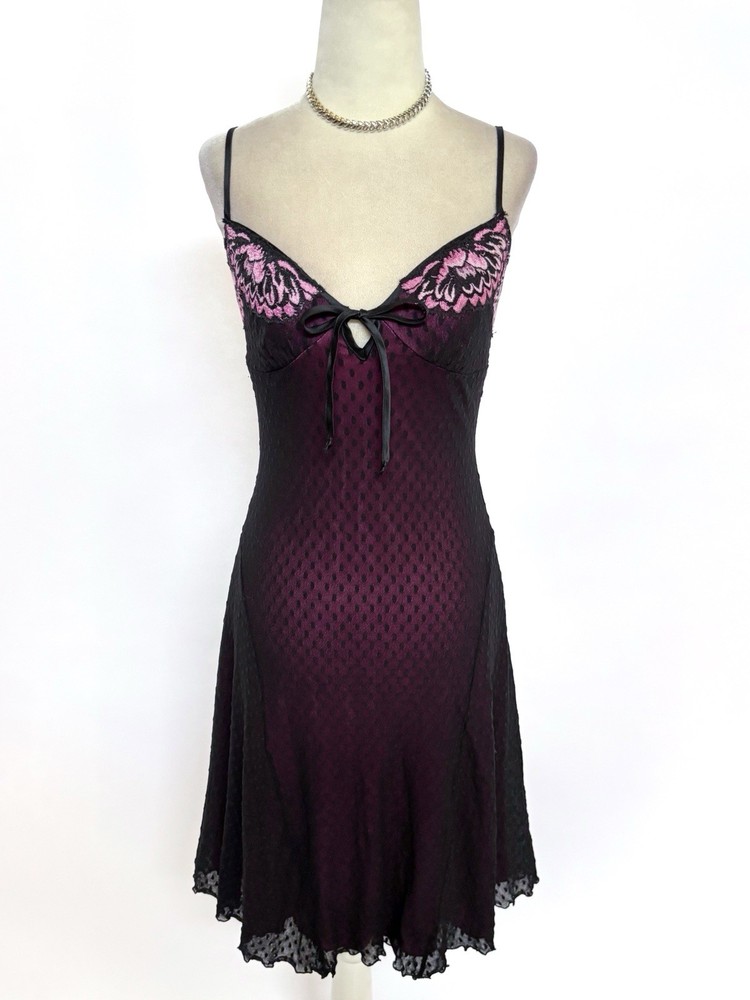 Vintage 1990’s Betsey Johnson Black & Pink Swiss Dot Mesh Floral Slip Dress S