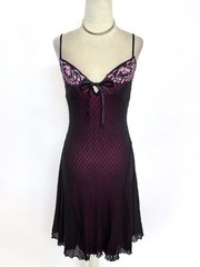 Vintage 1990’s Betsey Johnson Black & Pink Swiss Dot Mesh Floral Slip Dress S