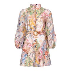 NWOT $950 Zimmermann Illustration Buttoned Belted Floral Linen Mini Dress AU1 S