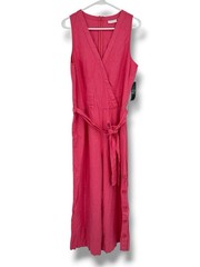 New York & Co Linen Blend Wide Leg Jumpsuit Pink Wrap Tie Waist Resort Coastal M