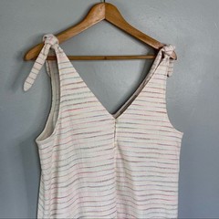 LOFT Bow Strap Button Front Linen Stripes Flounce Dress Ivory Multi-Color Medium