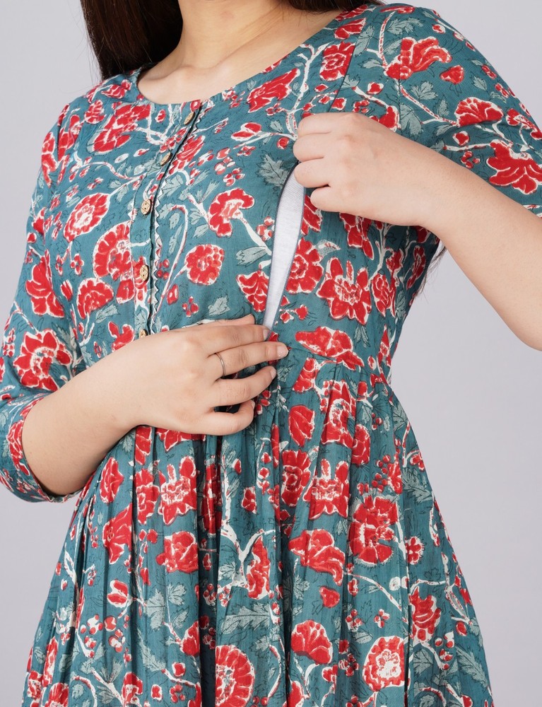 Gray Cotton Maternity Nursing Feeding Gown Postpartum wear with zipper, Kurti