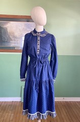 VTG 70s Gunne Sax Country Western Calico Dress Blue Swiss Dot Peter Pan Crochet