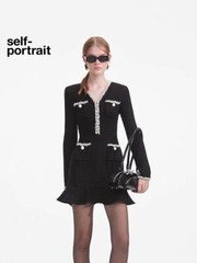 Self-portrait Women&rsquo;s Black pearl V-neck Long sleeve Dresses