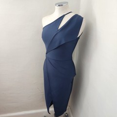 Navy Blue One Shoulder Cutout Midi Dress Asymmetrical Bodycon Size S