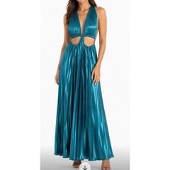 Blithe LA Dreamy Moment Teal Maxi Dress Halter Cutout Pleated Sz L Formal Satin