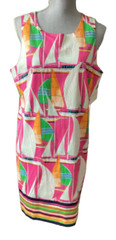 LONDON TIMES Dress Size 16 Sailboat Boats Pink Green Summer 97% Cotton 3%Spandex