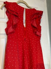 Mini Dress V Neck Slit Back Button Red Polka Dot Flutter Sleeve M Favlux