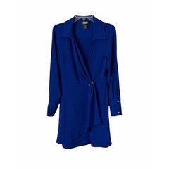 DKNY Cobalt Blue Faux Wrap Long Sleeve Dress Collared V-Neck Crinkle Fabric Sz 8