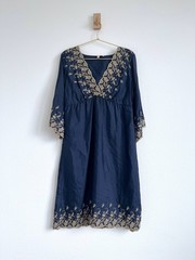 Eloise 100% Silk Embroidered Empire Waist Dress – Navy & Gold – Size M
