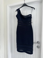 Herve Leger Navy Blue Knit & Mesh Insert One Shoulder Lara Bandage Dress M 10 12