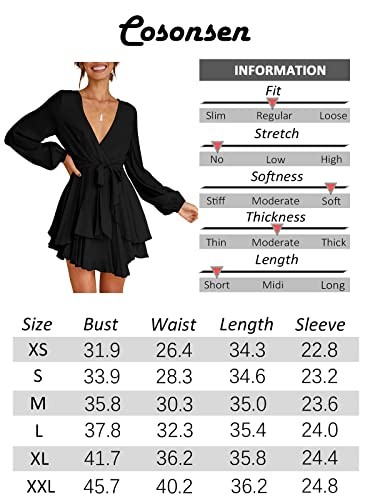Cosonsen Womens Mini V-Neck Long Sleeve Tie Waist Ruffle Short Dress Black XL