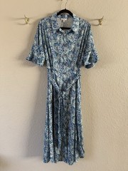 NWT Current Air LA Digital Blue Floral Print Midi Shirt Dress Size L Tie Belt