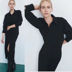 NWT Zara Sleek Black Button Midi Minimalist Career Dress Quiet Luxury L