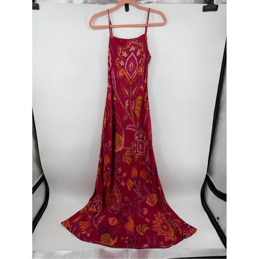 FARM Rio ResortWear Boho Wedding Guest TropicalSunset Floral SatinMaxi Dress SzS