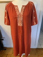J. Jill Red Embroidered V-Neck 3/4 Sleeve Shift Midi Pullover Dress M