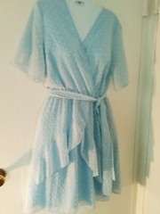 Textured Light Blue Layer Ruffle Dress Short Sleeves Tie Belt Small