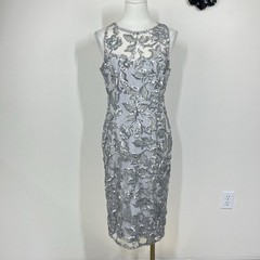 Adrianna Papell Dress Womens 8 Silver Sequin Floral Mesh Sheath Party Cocktail