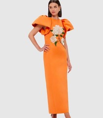Women&rsquo;s Orange Yellow Party 3D Floral Big Shoulder Fashion Dress Zipper Maxi