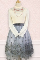 axes femme 2pc Set Ivory Top & Gray Floral Flocked Print Skirt Lolita 374 2947