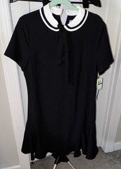 CeCe Black/White Solid A-Line Short Dress L Collared Short Sleeve Zip Bow