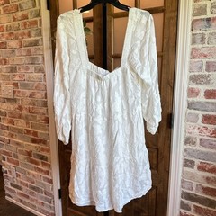 En Creme Mini Dress Women L White Floral Jacquard Tiered Square Neck Long Sleeve