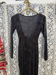 NWOT burnout velvet paisley stretch fabric high slit low back dark gray sheer