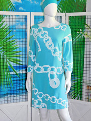 M Lilly Pulitzer Turquoise & White Coastal Vibe 3/4 Sleeves Logo Buttons