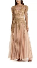 Mac Duggal $998 Gown 18 Nude Gold Illusion Beaded Embellished Puff Sleeves 93638
