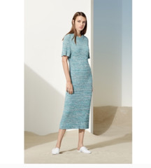 HUGO BOSS FIRSTANA SHORT SLEEVE KNITTED MULTI COLOR MOULINE FABRC MIDI DRESS L