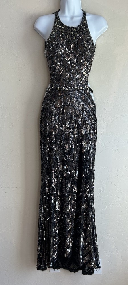 Cassandra Stone Mac Duggal Beaded Sequin Gown 6 Backless Formal Prom Thigh Slit