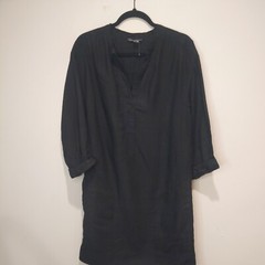 Women&rsquo;s Vince Black Linen V-Neck Roll Cuff Shift Dress – Size S