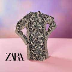 Zara Black beige Patterned fitted ruched Midi sweater Dress Size Medium Large