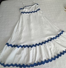 Fashion Maxi Sundress (S) Blue Zigzag Trim White Stretch Adjusting Straps Lined