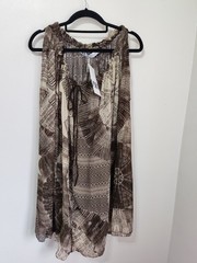 Zara Studio Brown Batik Print Sheer Chiffon Kaftan Tunic Dress Holiday Beach New