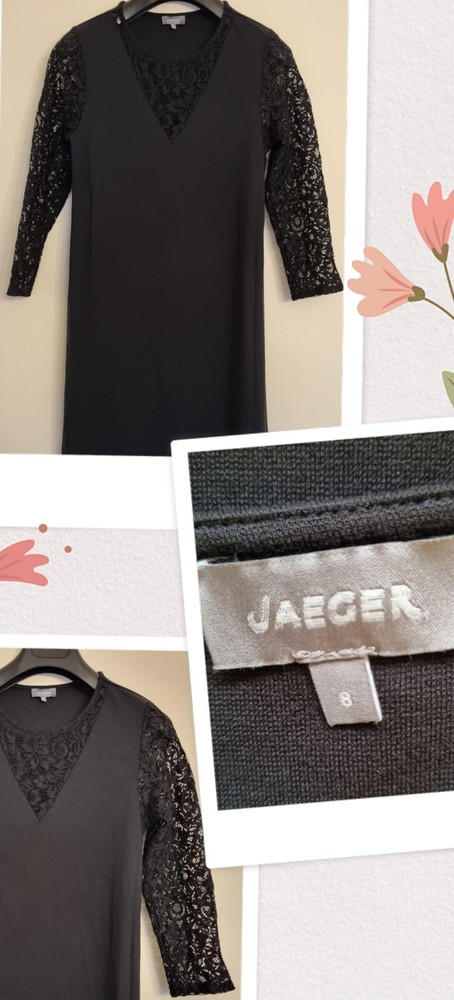 Jaeger UK Size 8 Black Stretch Viscose Blend + Lace Sleeve Long Dress