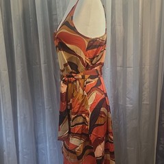 Womens Orange Brown Abstract Print Strappy V-Neck Adjustable Tie Waist Dress M