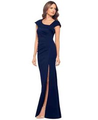 Xscape Midnight Blue Asymmetric-Neck Side-Slit Scuba Gown Size 16 $249