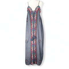 Venus Cotton Chambray Maxi Dress Embroidered Beaded Lace Up Blue Multi M