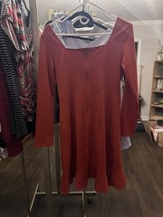 OTEN Dress Women S Orange Solid Square Neck A-Line Short Long Sleeve Zip Stretch