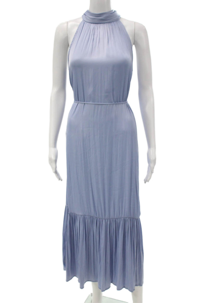 OPT Women Maxi Halter Sleeveless Solid Blue Tie Waist Bohemian Dress Size S