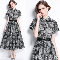 Vintage Floral Print Collar Belt Batwing Sleeve Women Casual Party Midi Dresses