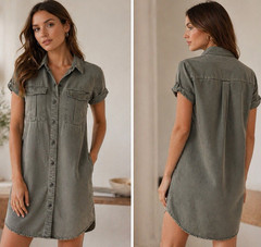 Vince Camuto Olive Utility Shirt Dress XS Casual Chic Tencel Safari Streetwear