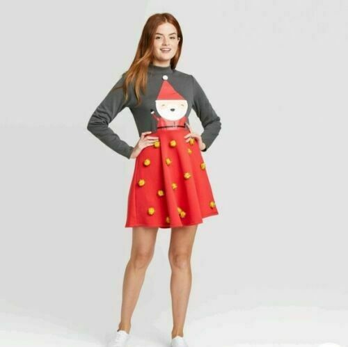 Mighty Fine Women&rsquo;s Dress Long Sleeve Gray/Red Santa Claus Pom Pom Size S,M New
