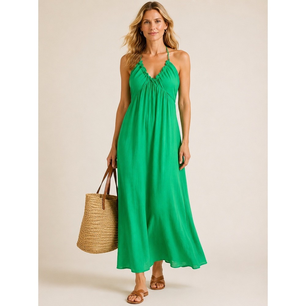Cupshe Ruffle Halter Maxi Dress Womens Medium Green Boho Summer Beach Vacation