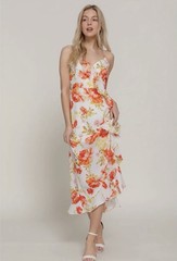 Active USA Orange Corral Floral Ruffle Spaghetti Wrap Summer Midi Length Dress