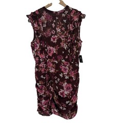 Express Womens Floral Ruched Chiffon Mini Dress XL Burgundy Pink Fairy Wedding