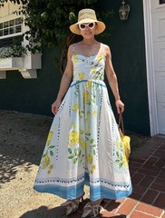 Zara Lemon Print Long Poplin Dress Light Blue Green Size XS 3454/347 New
